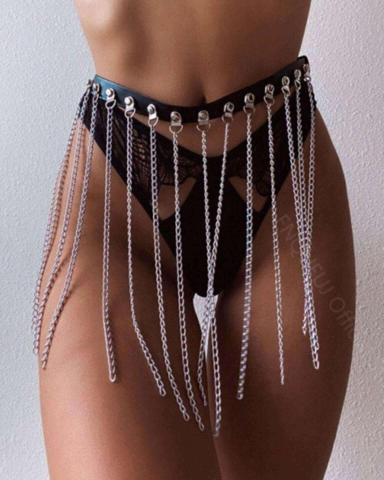 Stylish Jail House Body Chain featuring silver chains and leather, perfect for rave outfits.
