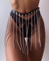 Stylish Jail House Body Chain featuring silver chains and leather, perfect for rave outfits.