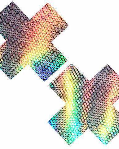 Holographic Nipztix pasties in X shape, perfect for rave outfits and party fashion.