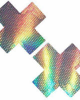 Holographic Nipztix pasties in X shape, perfect for rave outfits and party fashion.