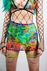 Lucidity Mesh Extra Mini Skirt featuring psychedelic rainbow design, perfect for rave outfits and festival fashion.