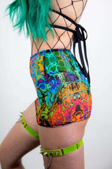 Lucidity Mesh Extra Mini Skirt in psychedelic rainbow design, perfect for rave outfits and festival wear.