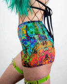 Lucidity Mesh Extra Mini Skirt in psychedelic rainbow design, perfect for rave outfits and festival wear.