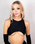 Model wearing a Matte Black Teaser Top, showcasing the stylish underboob design, perfect for rave outfits.