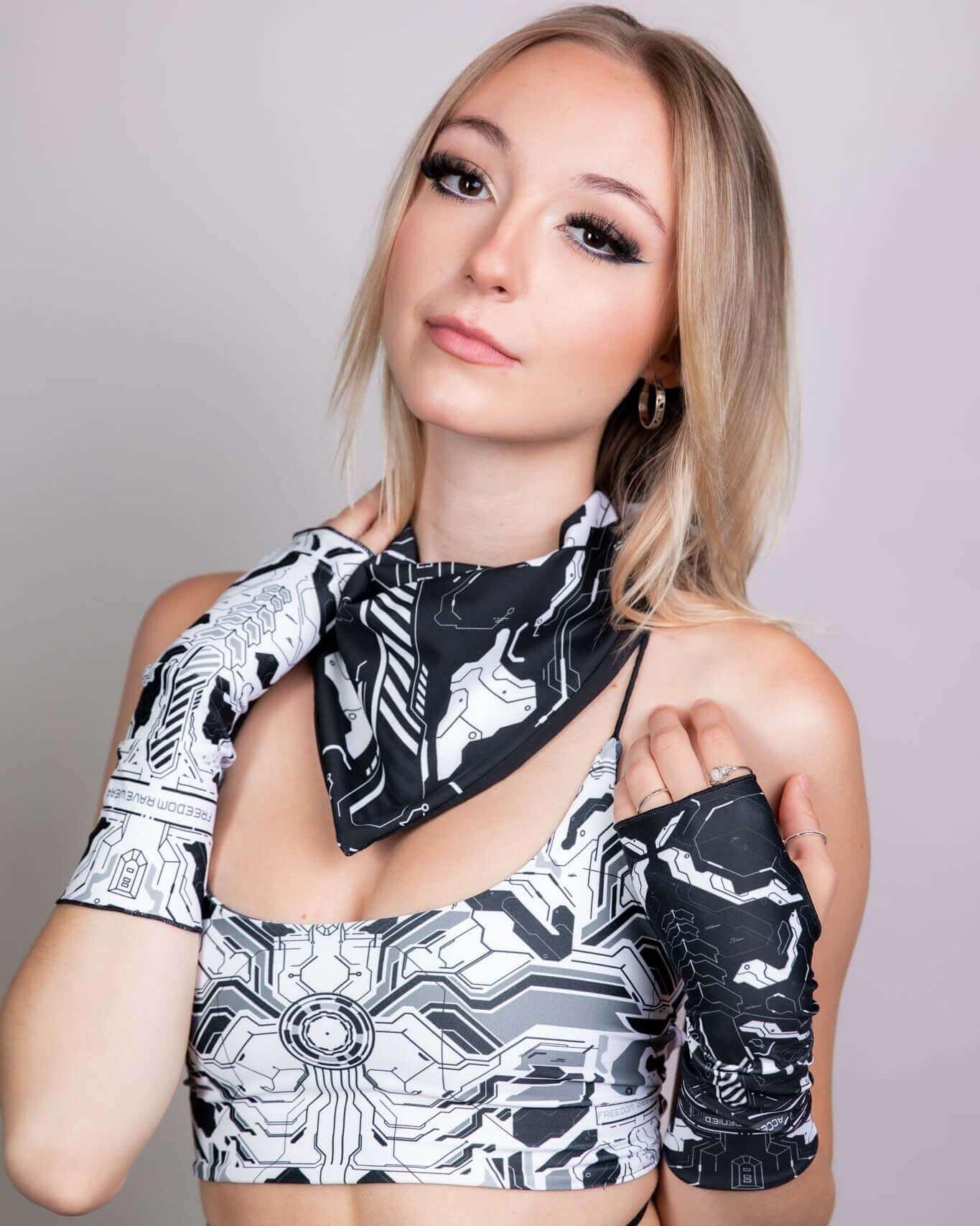 Stylish model wearing a Mechanoid Bandana with robotic design, perfect for rave outfits and futuristic fashion.