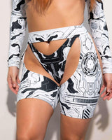 Mechanoid Chaps in white with cutout design and 5" inseam, perfect for rave outfits, made from recycled material.