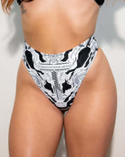 Mechanoid High Waisted Thong in white with geometric patterns, perfect for stylish rave outfits and eco-friendly fashion.