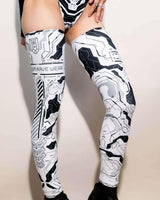 Mechanoid leg sleeves in white, designed for rave outfits, featuring a high-tech print and over-the-knee fit.