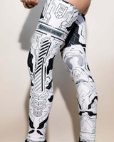 Mechanoid Leg Sleeves in white featuring futuristic design, perfect for rave outfits and festival wear.
