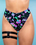 High-waisted thong featuring colorful mushroom print, perfect for rave outfits, showcasing a cheeky cut and soft stretchy material.