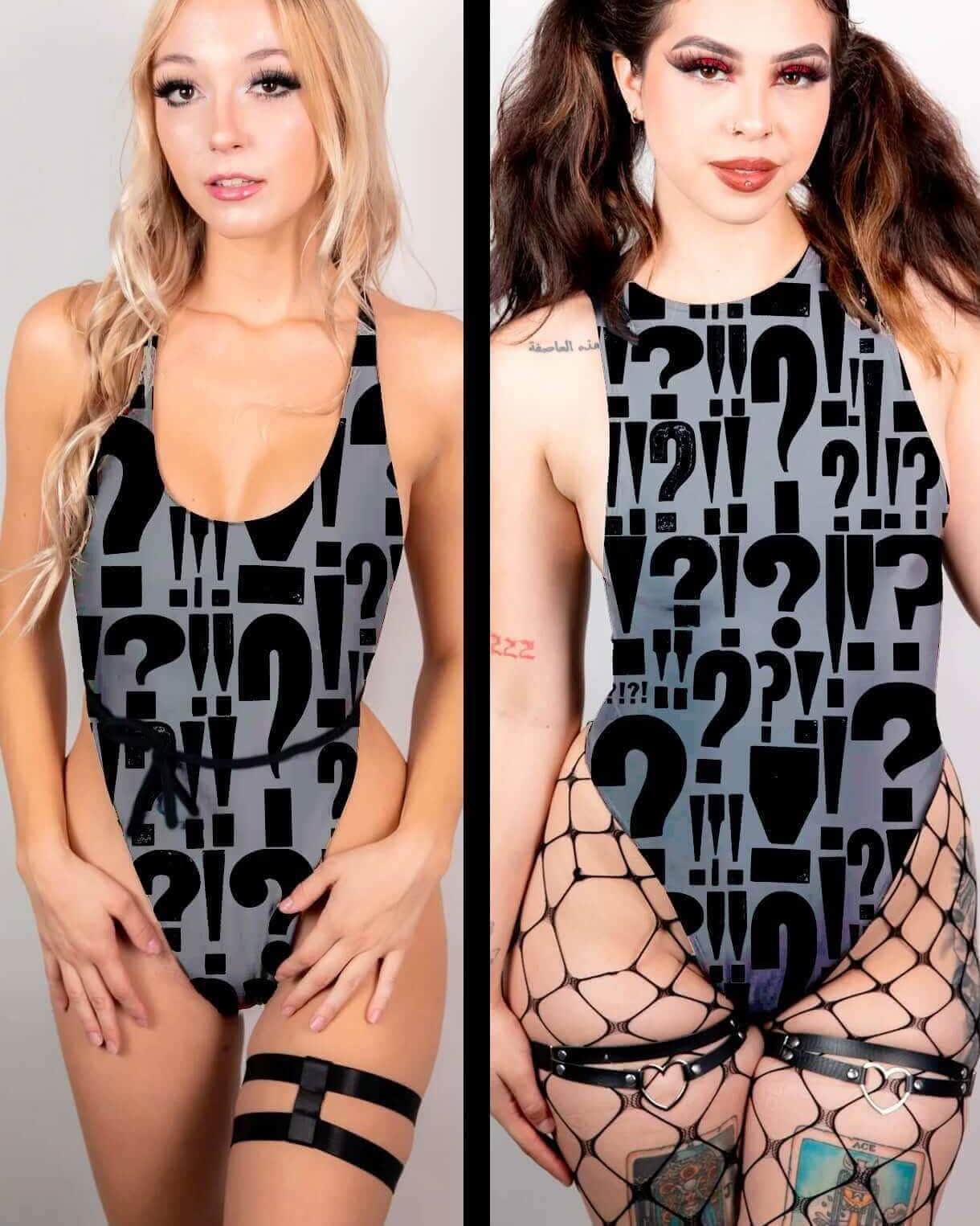 Mystery Bodysuit featuring two stylish models showcasing its unique design for rave outfits and unexpected flair.