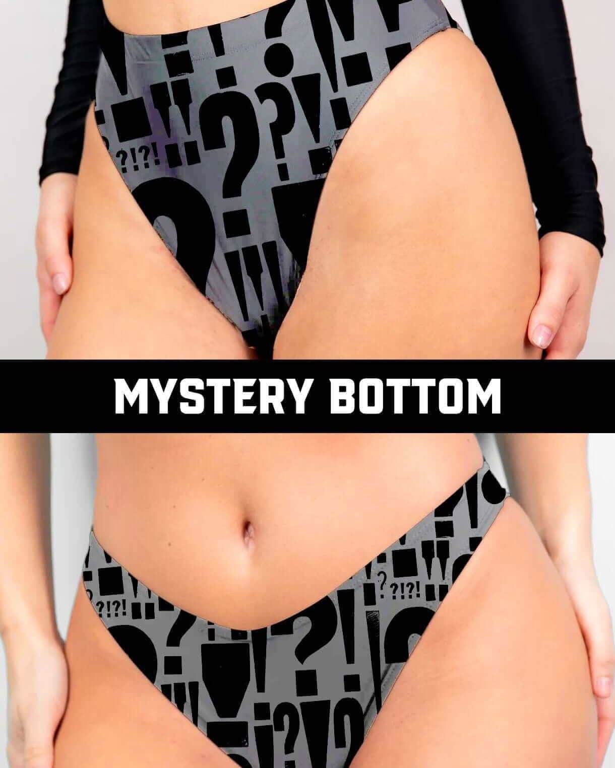 Mystery Bottoms featuring a unique grey design with question marks, perfect for creating rave outfits and adding intrigue.