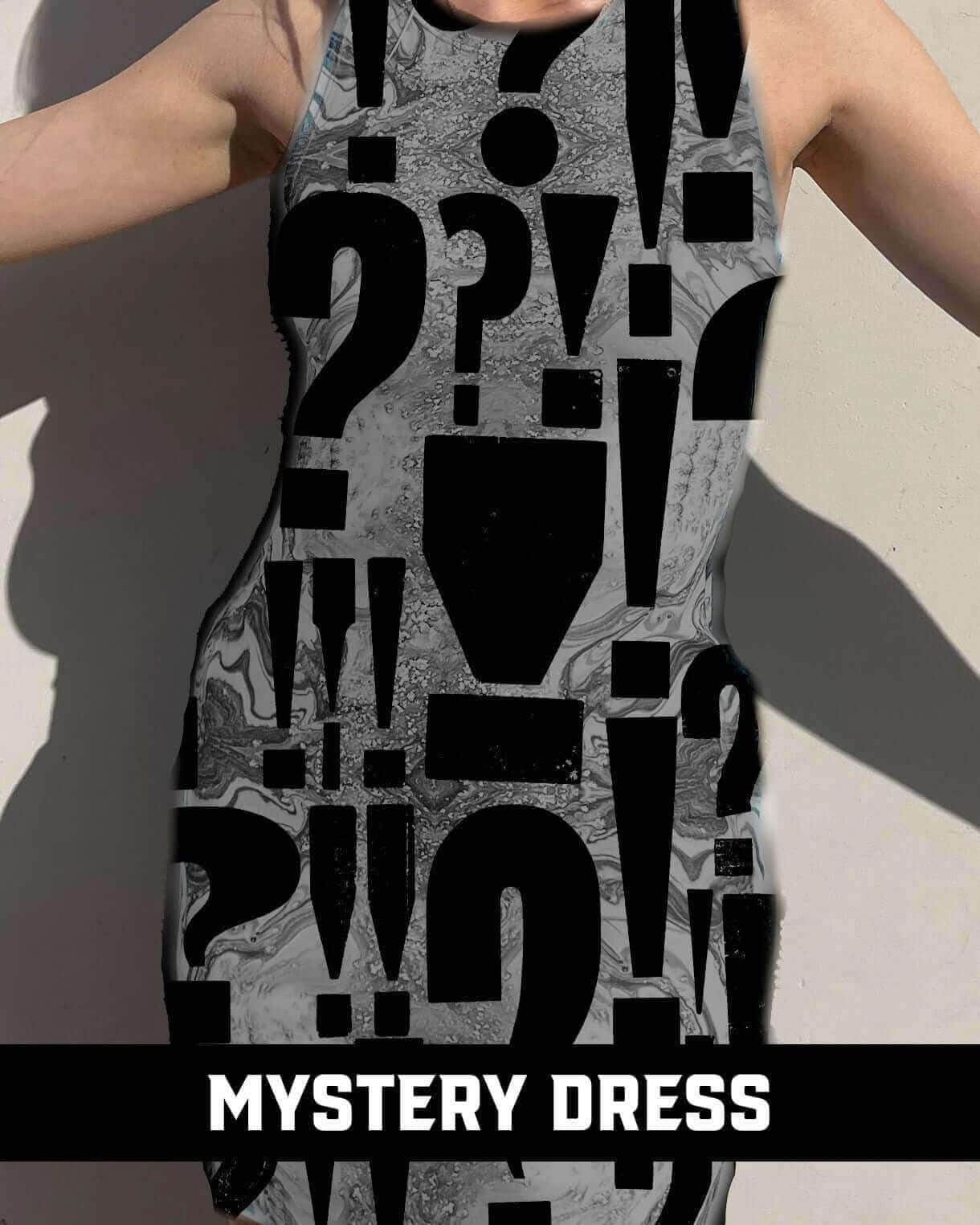 Model wearing Mystery Dress featuring bold graphic patterns, perfect for rave outfits and unexpected fashion flair.
