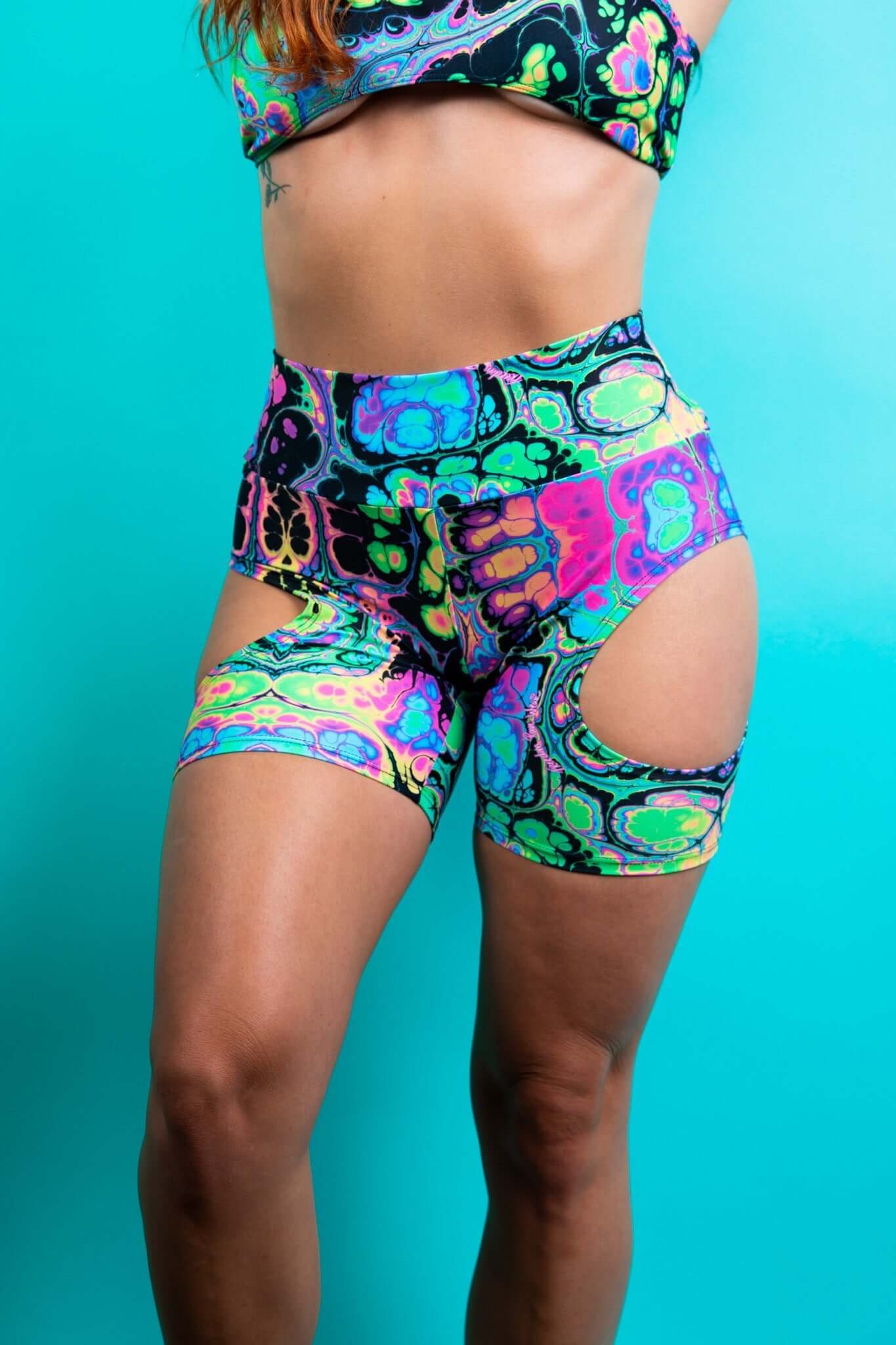 Prismatic Biker Shorts with Cut Out - Freedom Rave Wear - Bottoms