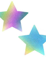 Rainbow reflective star pasties for raves and parties, perfect for stylish outfits and fun fashion statements.
