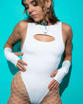 Model wearing white eco-luxe rave arm sleeves with fingerless gloves styling against turquoise background for festival outfit