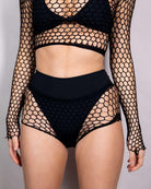 Rave Babe 2 Piece Fishnet Set featuring a black long sleeve top and high-waisted shorts, perfect for rave outfits.