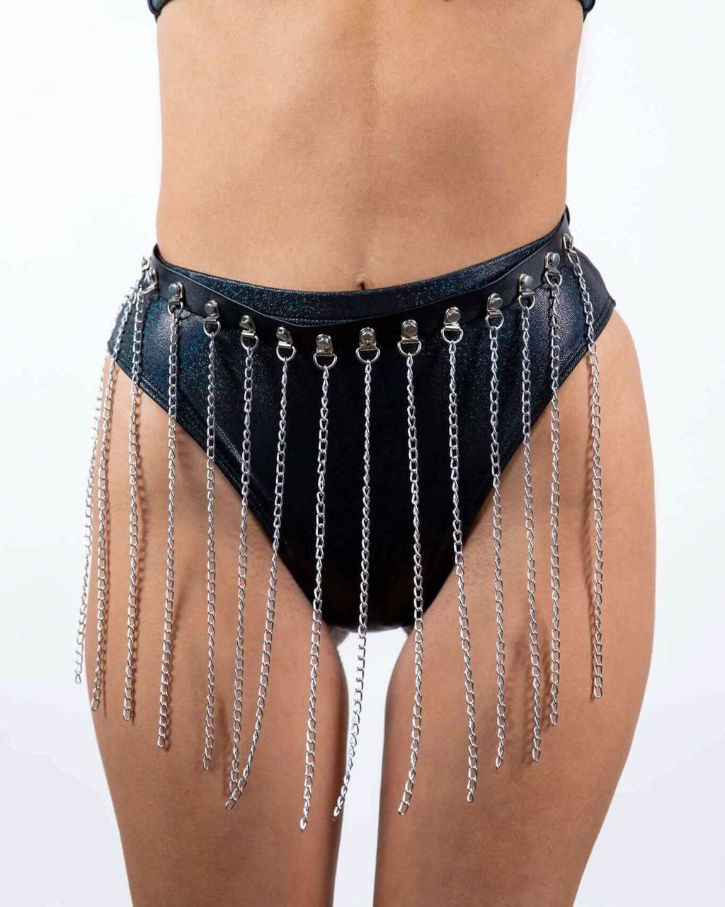 Black sparkly rave bodysuit bottoms with silver chain fringe details - Jail House festival outfit front view
