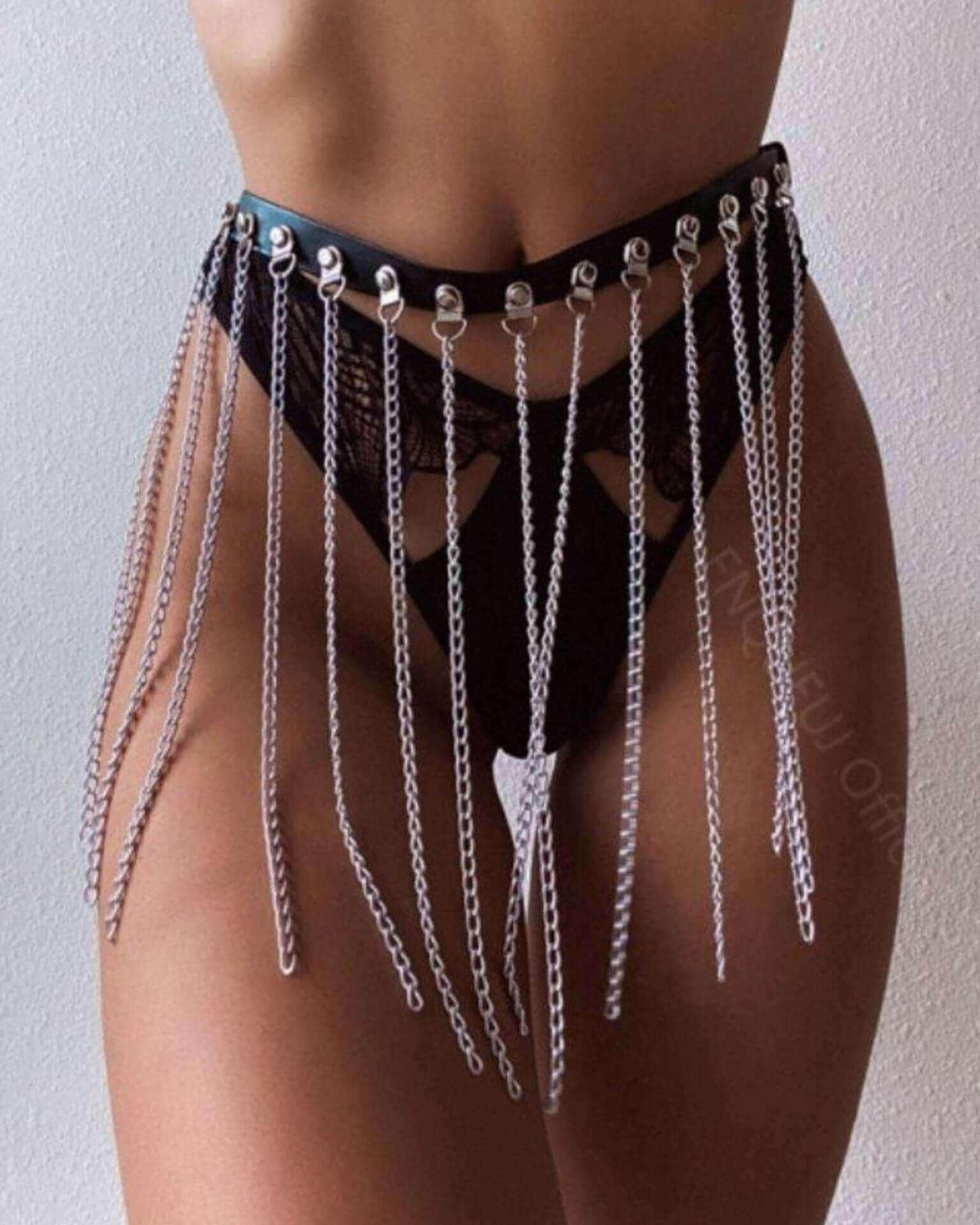 Jail House rave bodysuit chain belt with silver chain fringe details festival outfit front view