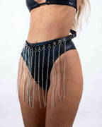 Jail House rave bodysuit with silver chain fringe details - edgy festival outfit front view