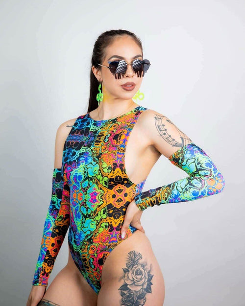 Lucidity rave bodysuit with psychedelic rainbow print and sideboob cutouts, festival outfit front view