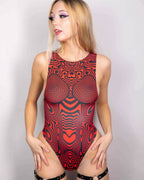 Red Void rave bodysuit with hypnotic swirl pattern modeled in confident side pose for festival fashion