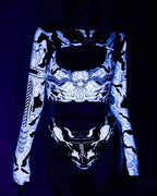 Black Mechanoid rave pants thong with white robotic circuit print, front view festival outfit styling