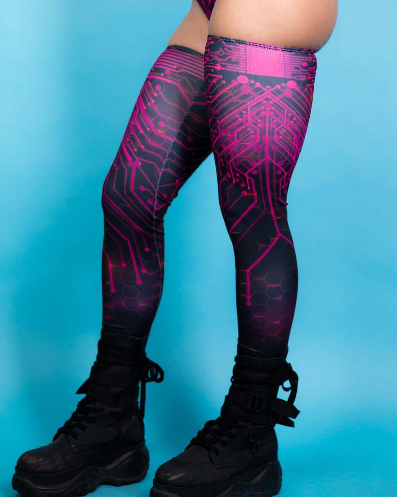 Pink Singularity Leg Sleeves with circuit design, perfect for rave outfits, featuring a thigh-high fit and soft, stretchy fabric.