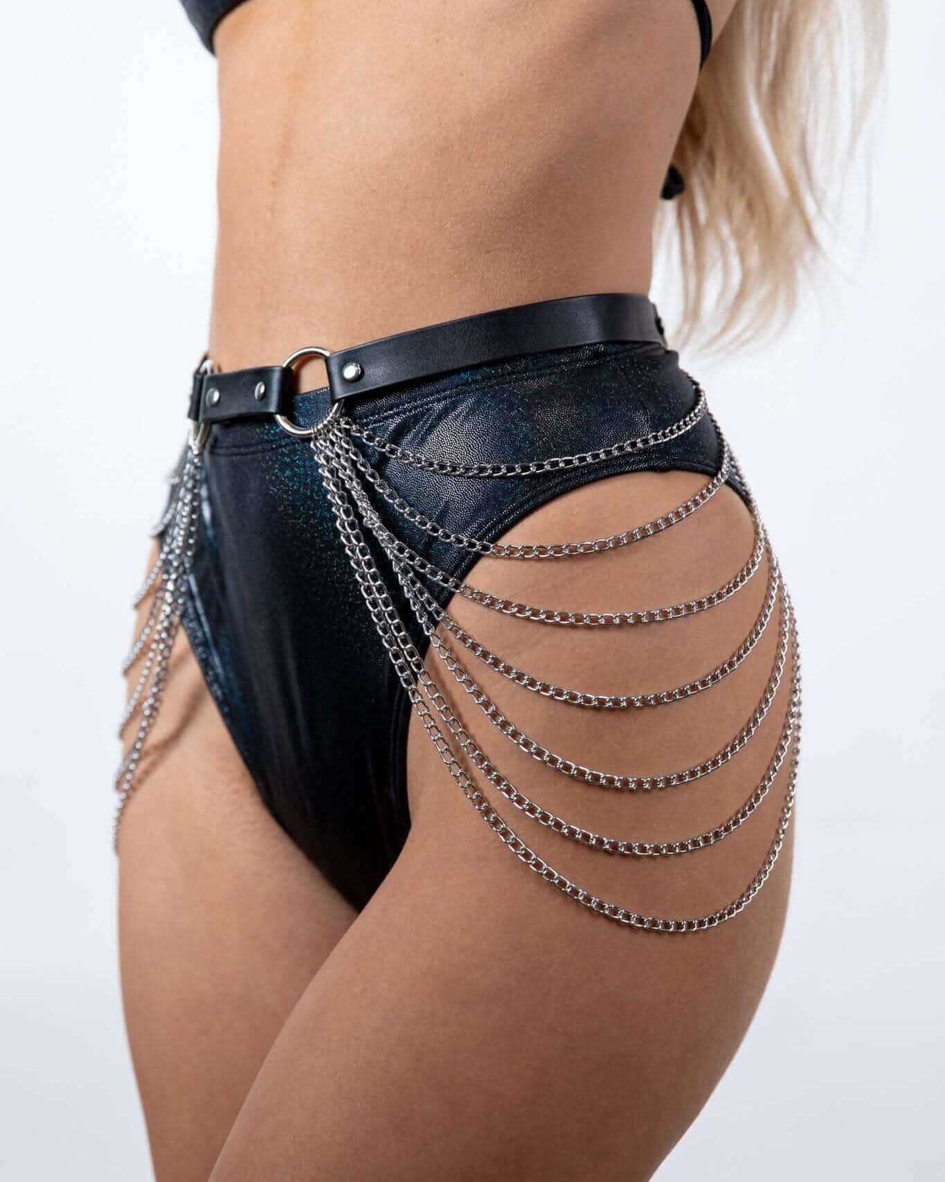 Space Falls Body Chain detail on faux leather shorts, perfect for rave outfits and festival fashion.