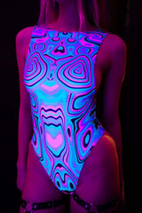 Colorful blacklight reactive bodysuit featuring unique swirling patterns, ideal for rave outfits and nighttime events.