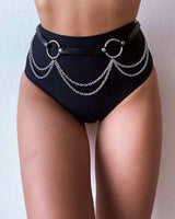 Stylish high-waisted black bottom featuring a Sweet Love Chain Belt, perfect for rave outfits and adding sparkle.