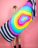 Colorful Technicolor Festival Scarf with rainbow pattern, perfect for rave outfits and vibrant festival styles.
