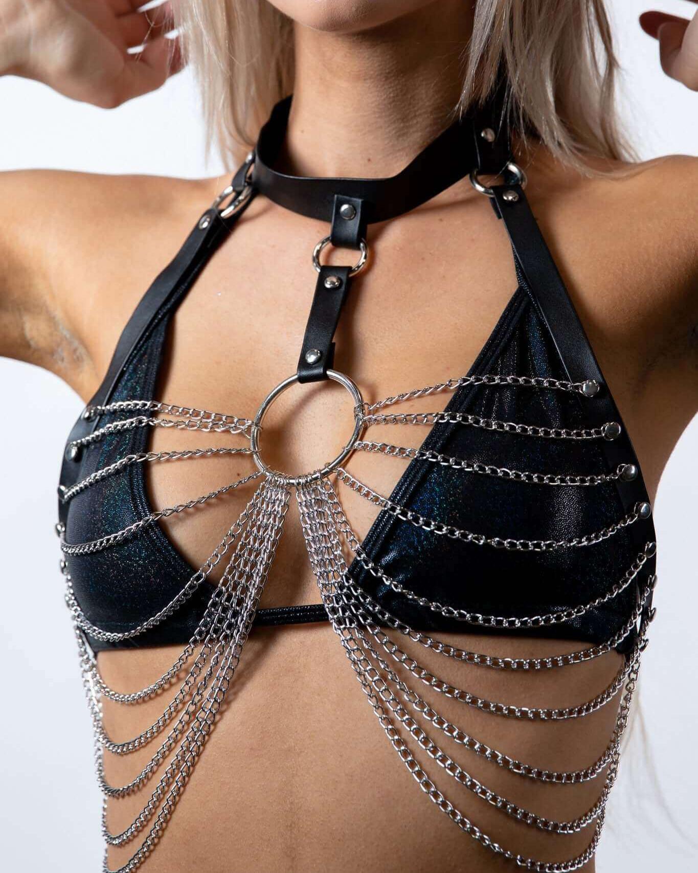 Thunder Dome Harness featuring faux leather and chain detailing, perfect for rave outfits and festival looks.