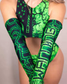 Model showcasing Toxic Arm Sleeves in green, perfect for rave outfits and stylish events.