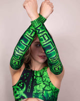Stylish green toxic arm sleeves with rave-inspired design, perfect for enhancing rave outfits and staying warm.