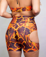 High-waisted volcanic biker shorts with cut-out detail, perfect for rave outfits and active lifestyle.