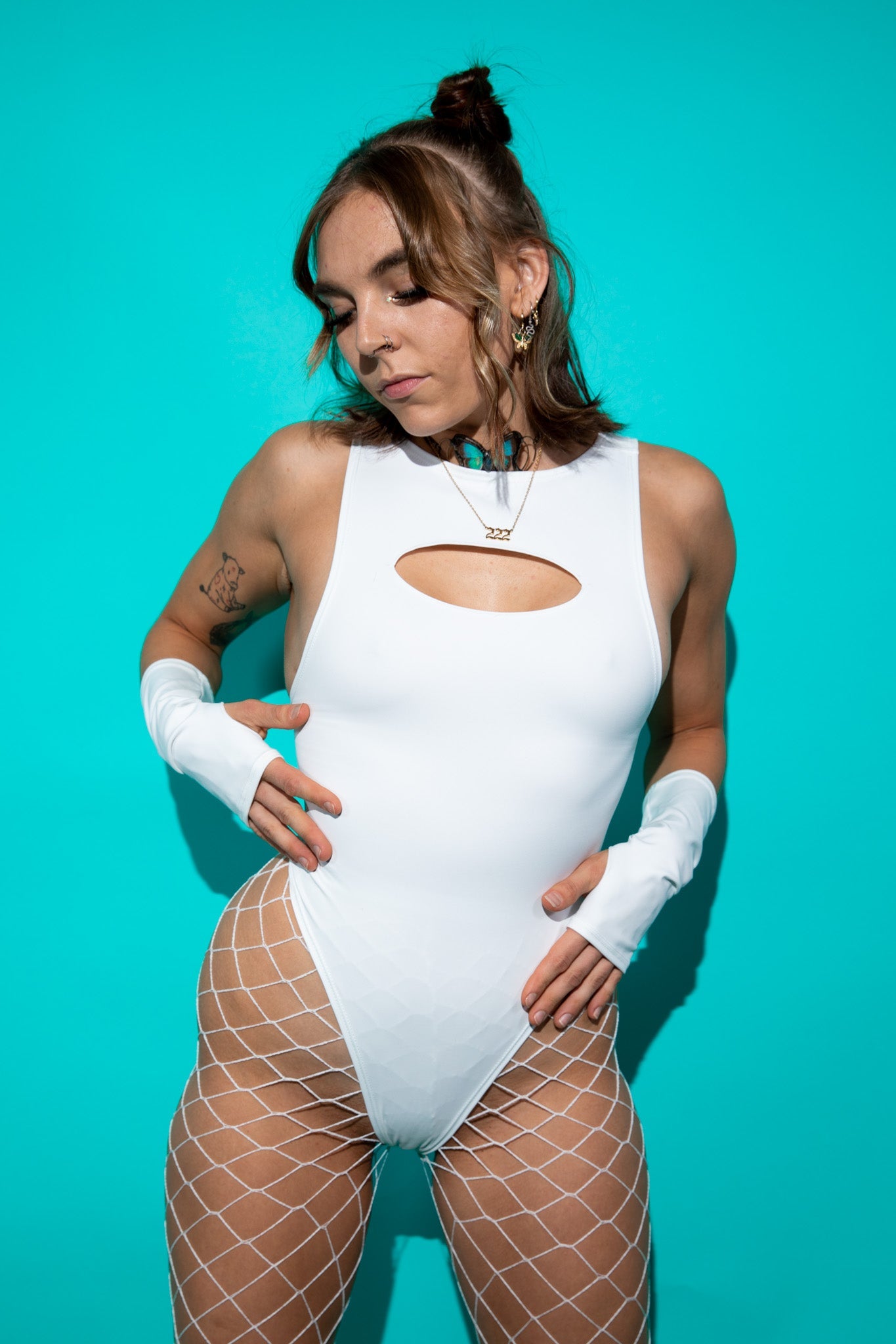 White Eco-Luxe Cut Out Sideboob Bodysuit - Freedom Rave Wear - Bodysuits