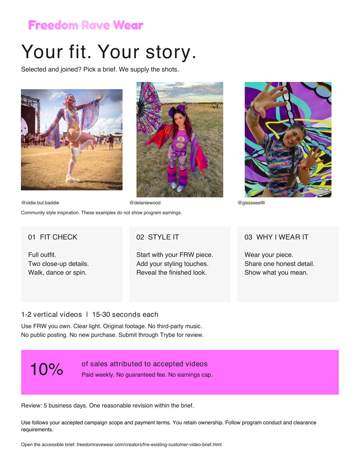 Freedom Rave Wear creator brief with three real festival outfit examples and three ready-to-film shot lists. Full accessible instructions follow.